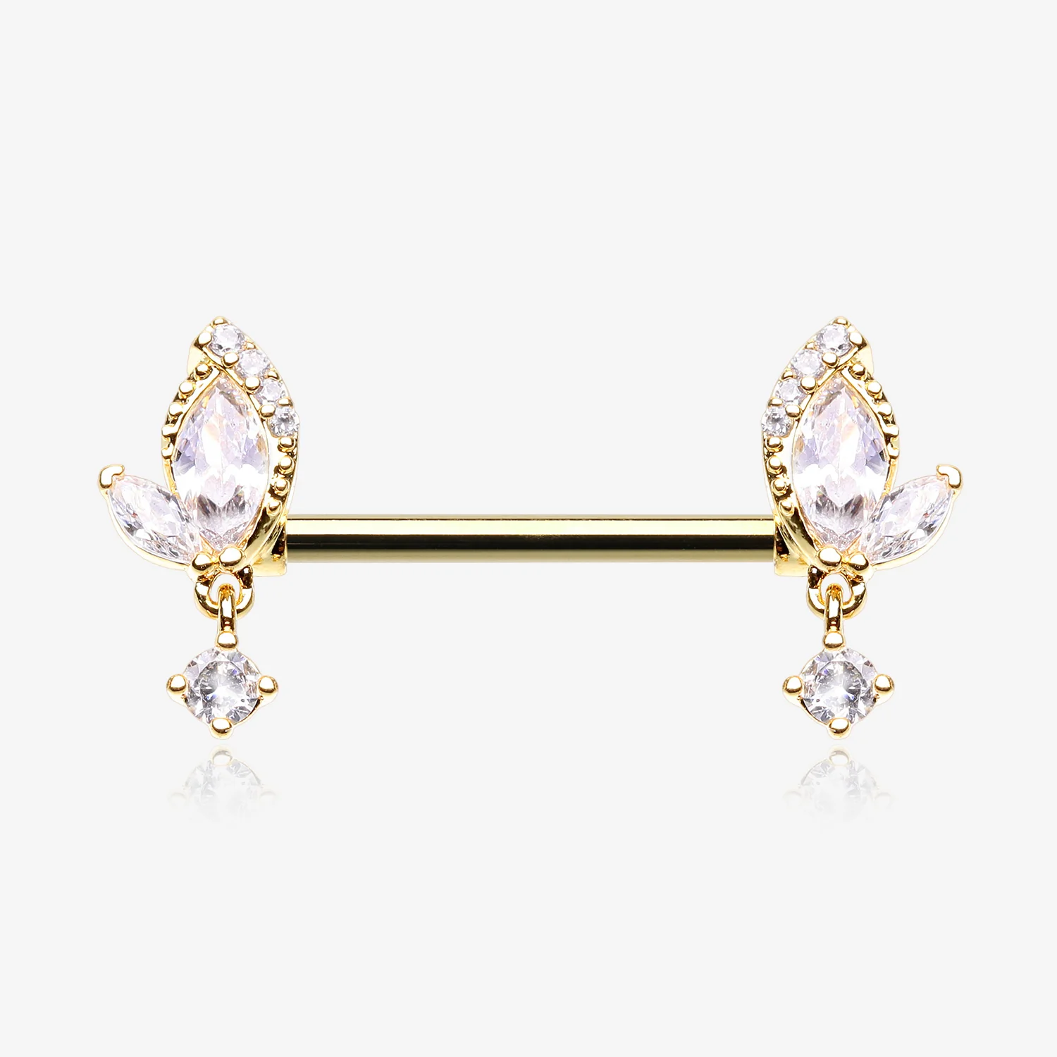 A Pair of Golden Elegant Marquise Leaflet Dangle Sparkle Nipple Barbell