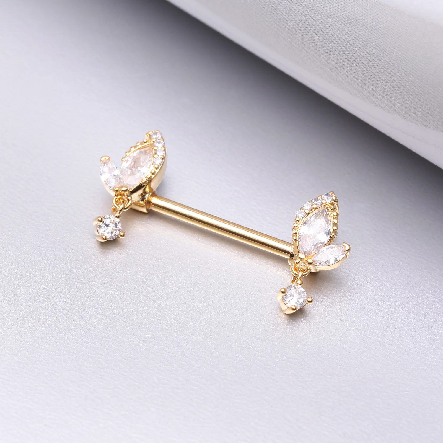 A Pair of Golden Elegant Marquise Leaflet Dangle Sparkle Nipple Barbell - Image 2