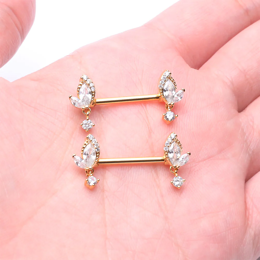 A Pair of Golden Elegant Marquise Leaflet Dangle Sparkle Nipple Barbell - Image 3