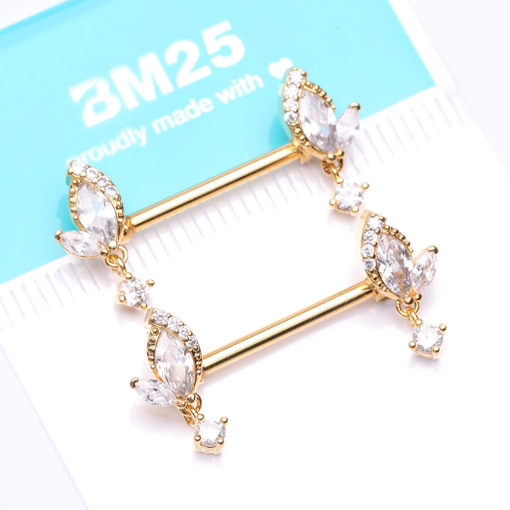 A Pair of Golden Elegant Marquise Leaflet Dangle Sparkle Nipple Barbell - Image 5