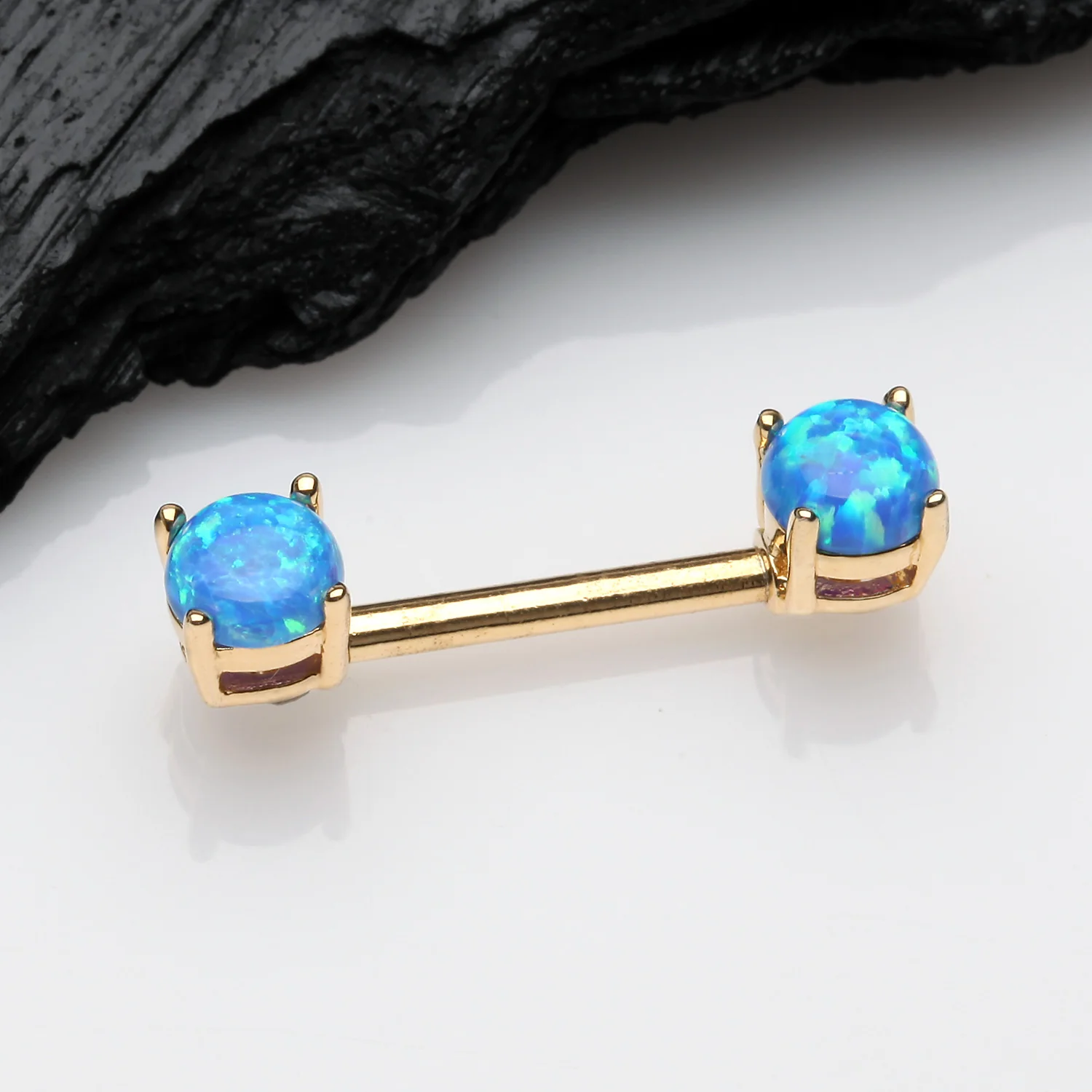 A Pair of Golden Fire Opal Prong Set Sparkle Nipple Barbell - Image 2