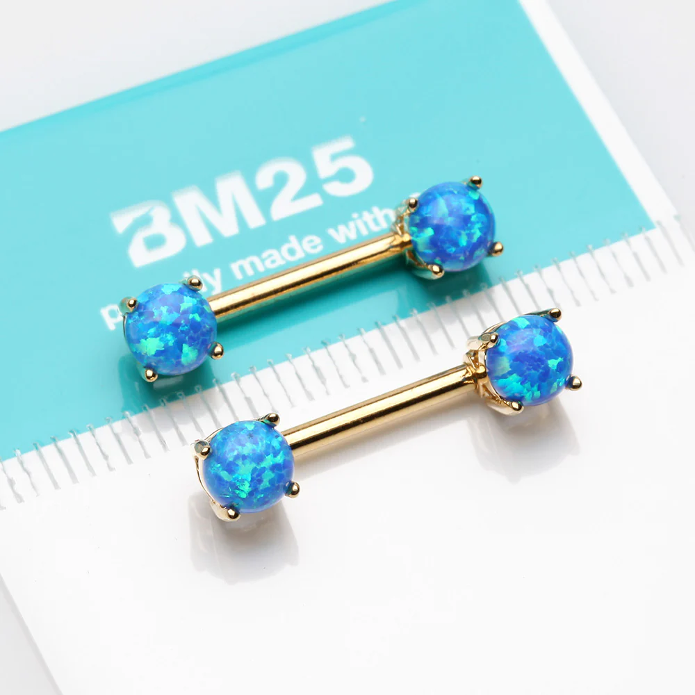 A Pair of Golden Fire Opal Prong Set Sparkle Nipple Barbell - Image 3