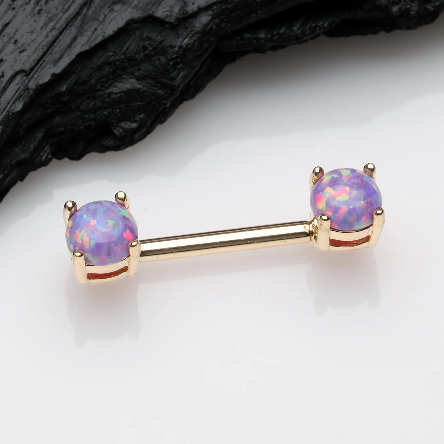 A Pair of Golden Fire Opal Prong Set Sparkle Nipple Barbell - Image 2