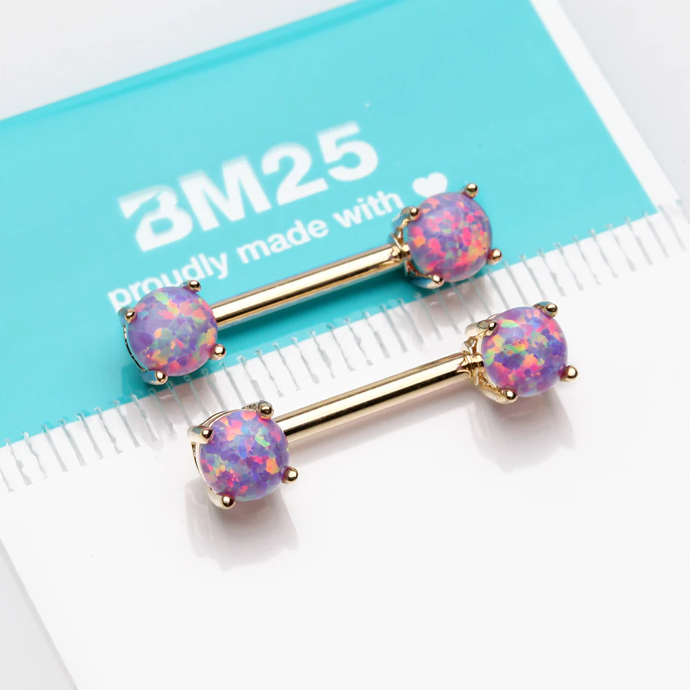 A Pair of Golden Fire Opal Prong Set Sparkle Nipple Barbell - Image 3