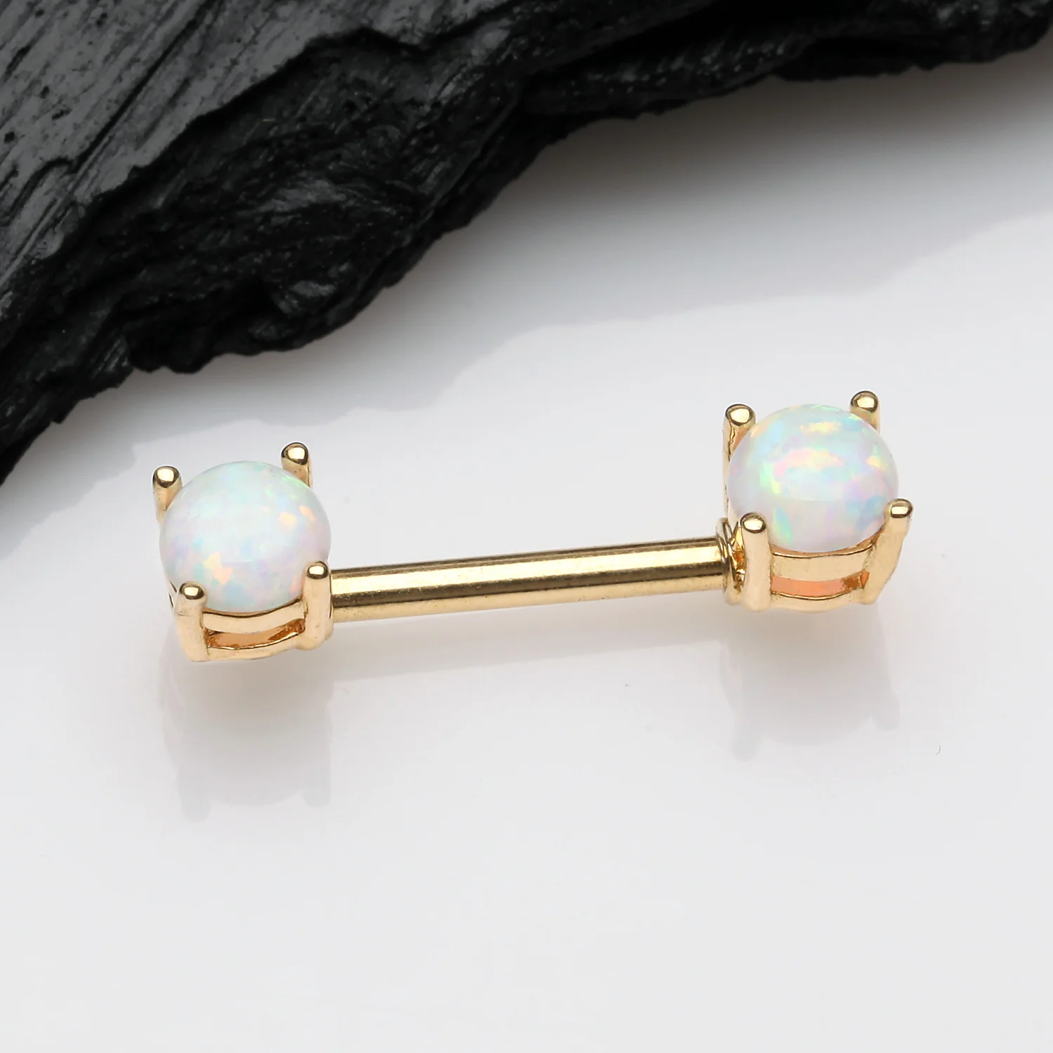 A Pair of Golden Fire Opal Prong Set Sparkle Nipple Barbell - Image 2