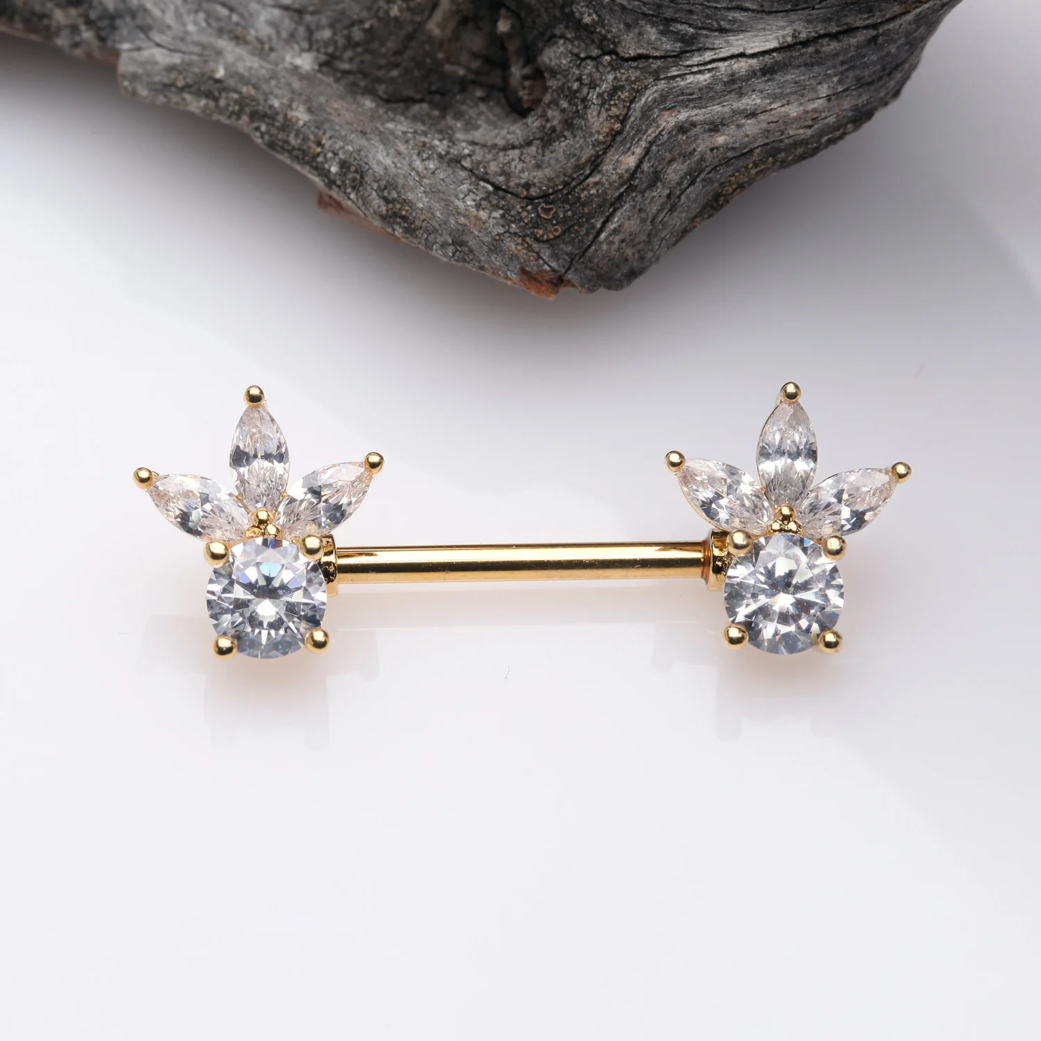 A Pair of Golden Floral Elegance Sparkle Multi-Gem Nipple Barbell - Image 2