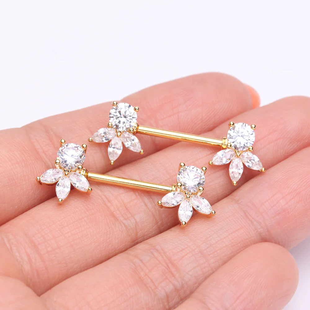 A Pair of Golden Floral Elegance Sparkle Multi-Gem Nipple Barbell - Image 3