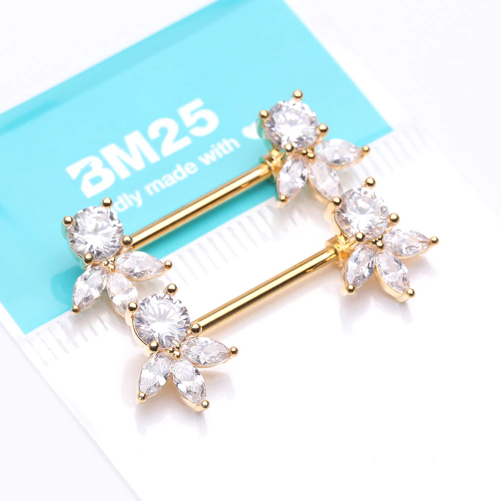 A Pair of Golden Floral Elegance Sparkle Multi-Gem Nipple Barbell - Image 5
