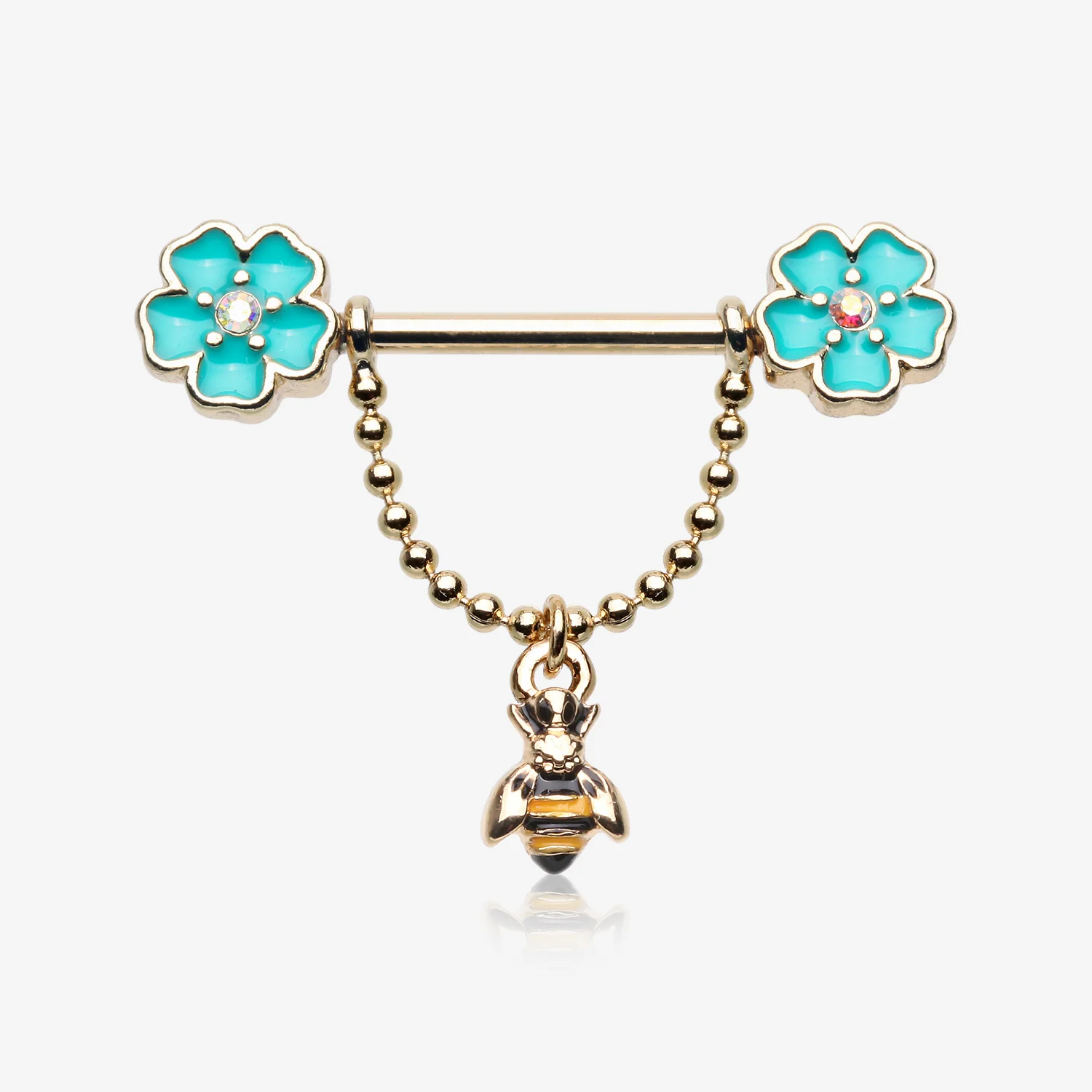 A Pair of Golden Flower Honey Bee Dangle Chain Nipple Barbell