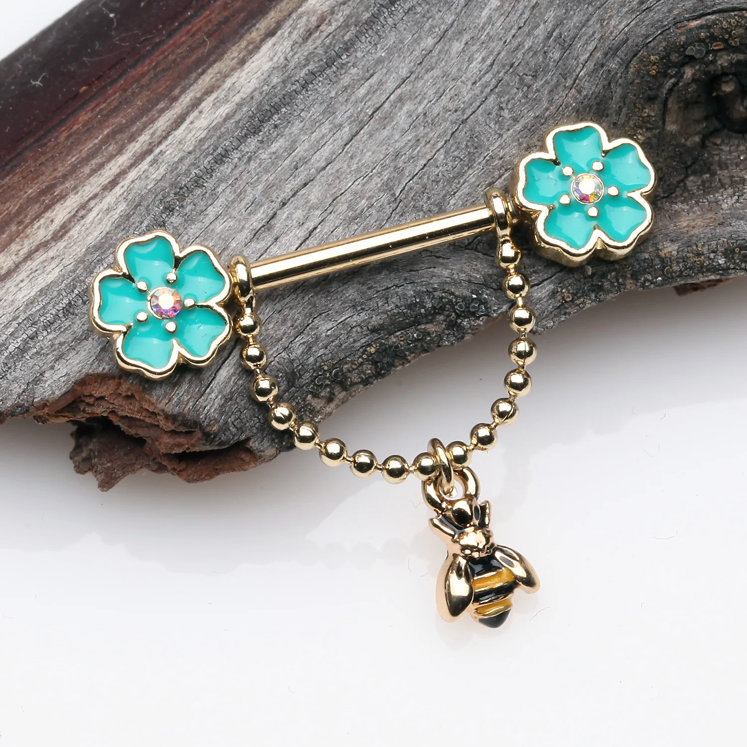 A Pair of Golden Flower Honey Bee Dangle Chain Nipple Barbell - Image 2