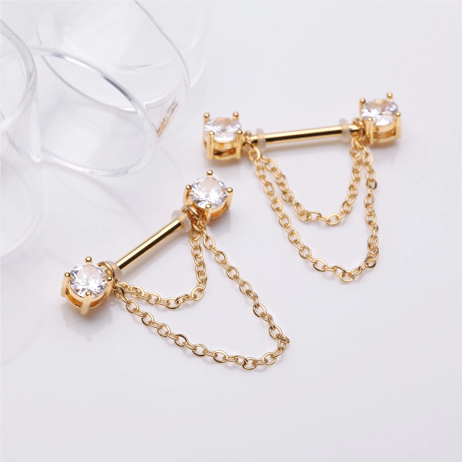 A Pair of Golden Gem Sparkle Double Chained Nipple Barbell - Image 2