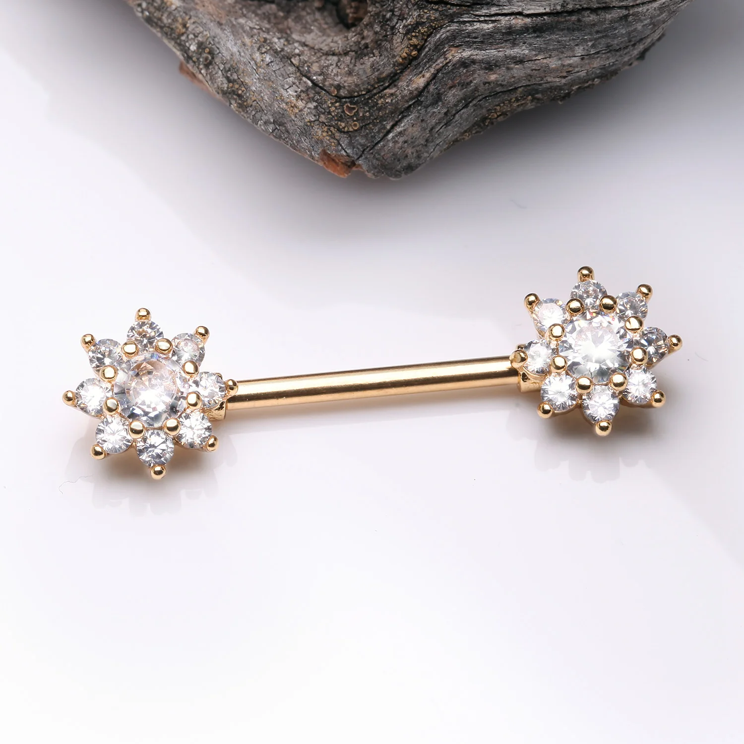 A Pair of Golden Glistening Sparkle Flower Multi-Gem Nipple Barbell - Image 2