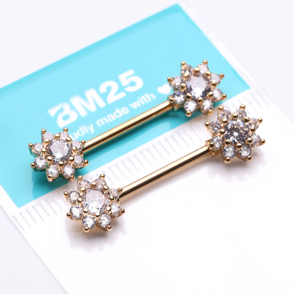A Pair of Golden Glistening Sparkle Flower Multi-Gem Nipple Barbell - Image 3