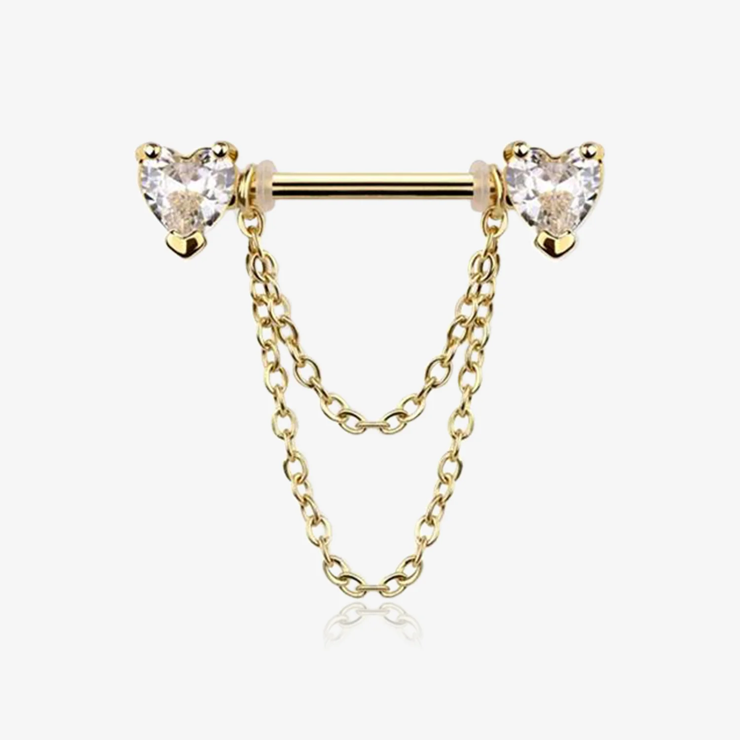A Pair of Golden Heart Gem Sparkle Double Chained Nipple Barbell