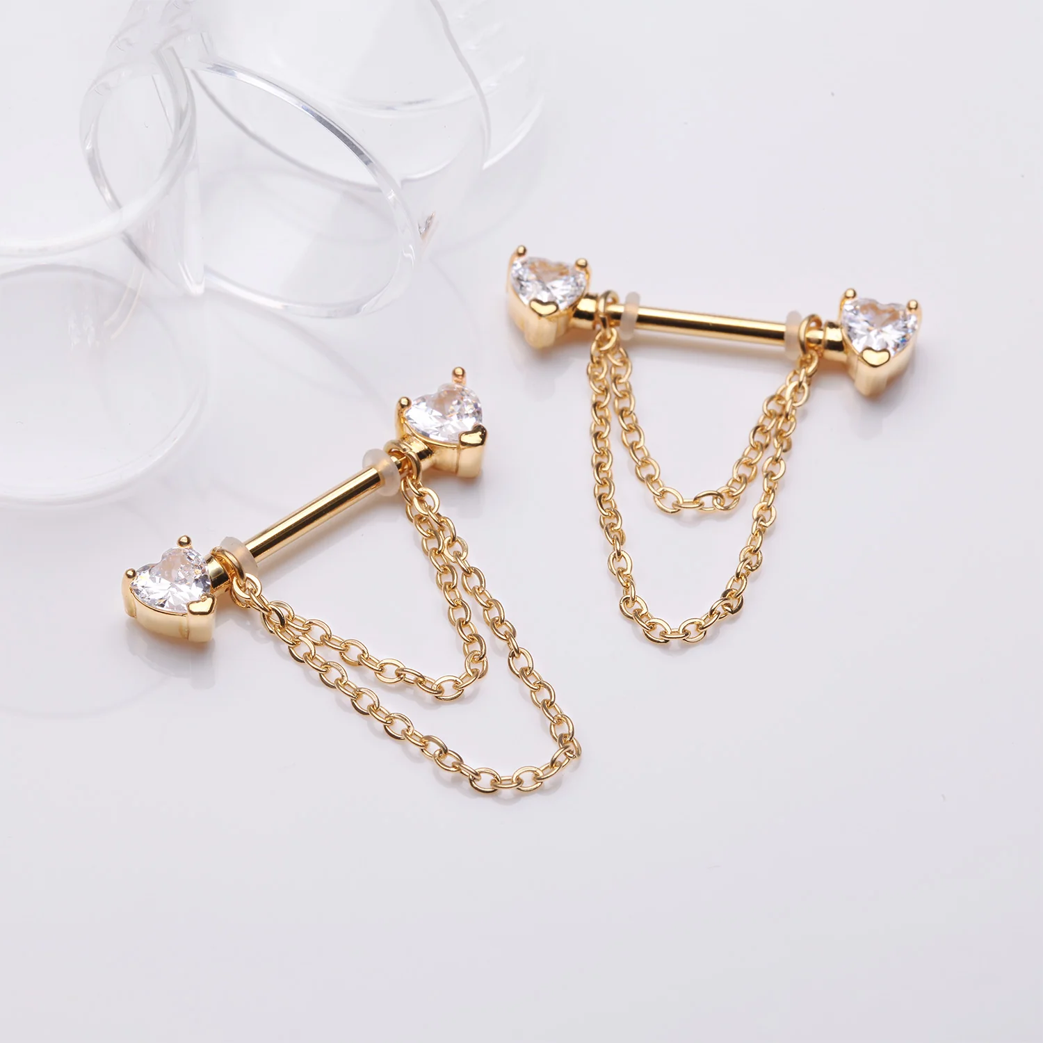 A Pair of Golden Heart Gem Sparkle Double Chained Nipple Barbell - Image 2