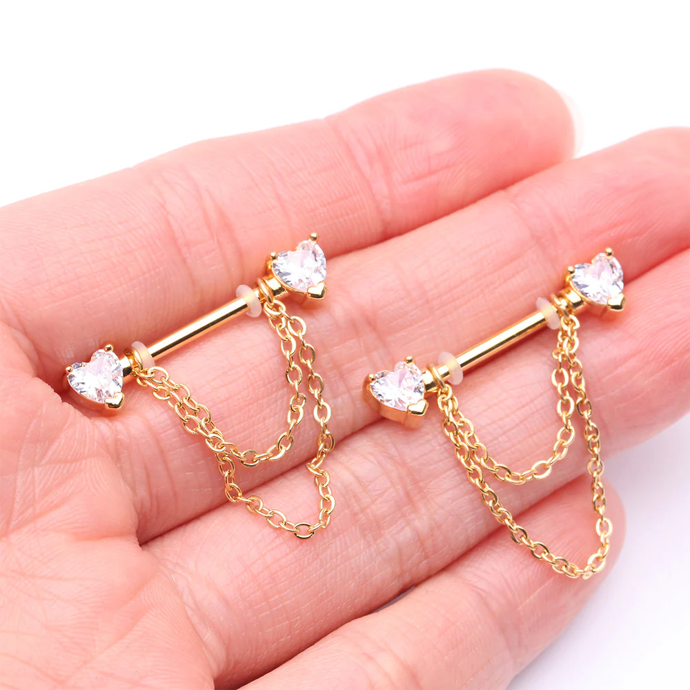 A Pair of Golden Heart Gem Sparkle Double Chained Nipple Barbell - Image 3