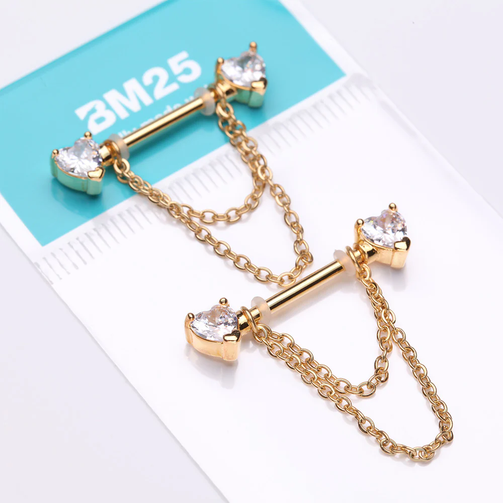 A Pair of Golden Heart Gem Sparkle Double Chained Nipple Barbell - Image 4