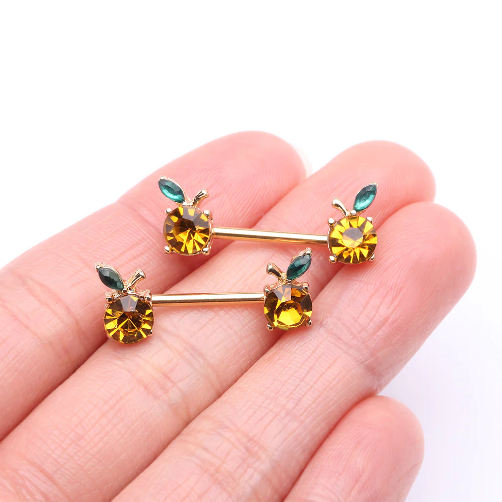 A Pair of Golden Juicy Orange Fruit Sparkle Nipple Barbell - Image 3