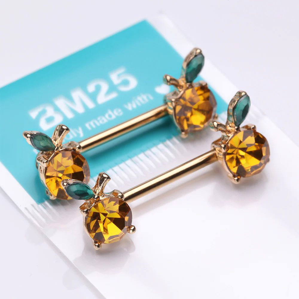 A Pair of Golden Juicy Orange Fruit Sparkle Nipple Barbell - Image 4