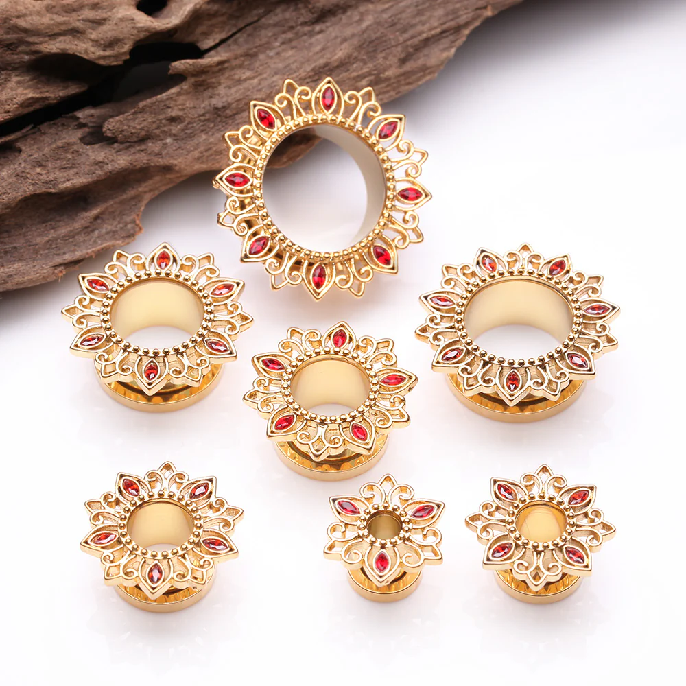 A Pair of Golden Lotus Inspired Sparkle Filigree Steel Screw-Fit Tunnel Plug - Image 3