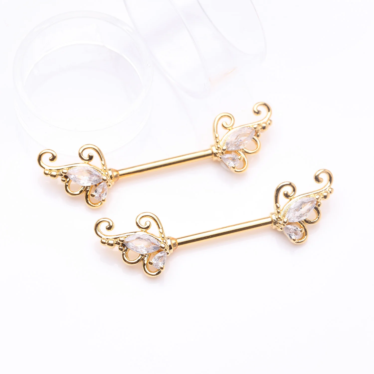 A Pair of Golden Luscious Sparkle Butterfly Elegance Nipple Barbell - Image 2