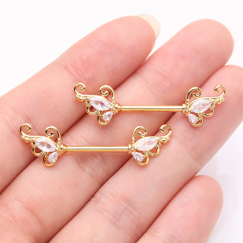 A Pair of Golden Luscious Sparkle Butterfly Elegance Nipple Barbell - Image 3