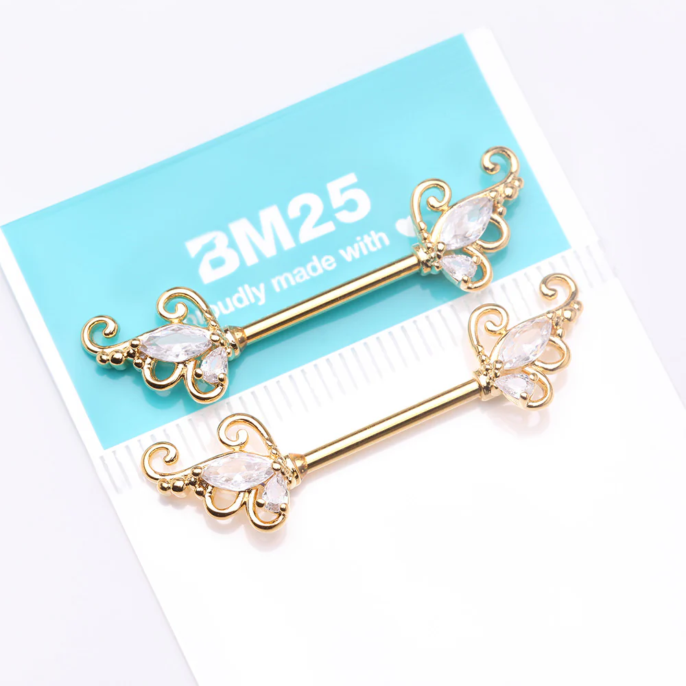 A Pair of Golden Luscious Sparkle Butterfly Elegance Nipple Barbell - Image 4