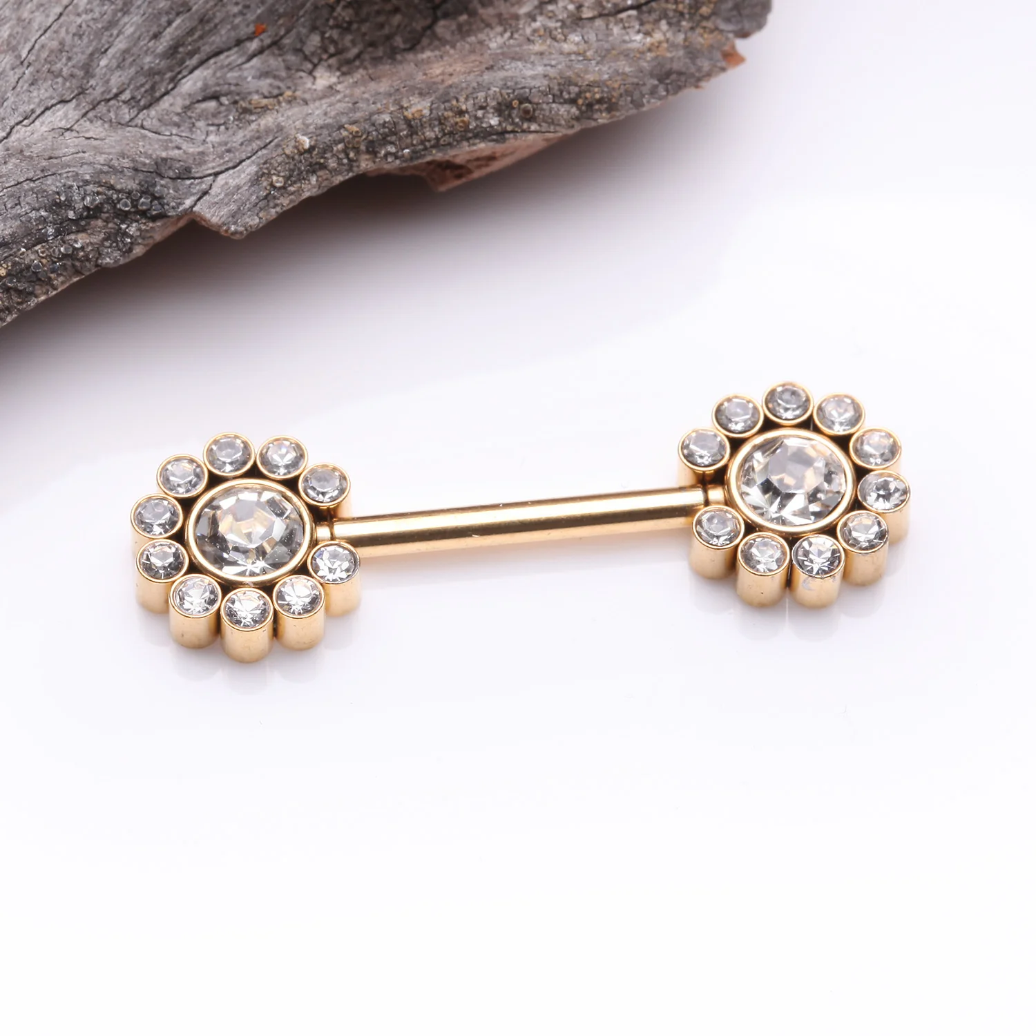 A Pair of Golden Magnificent Floral Sparkle Threadless Nipple Barbell - Image 2