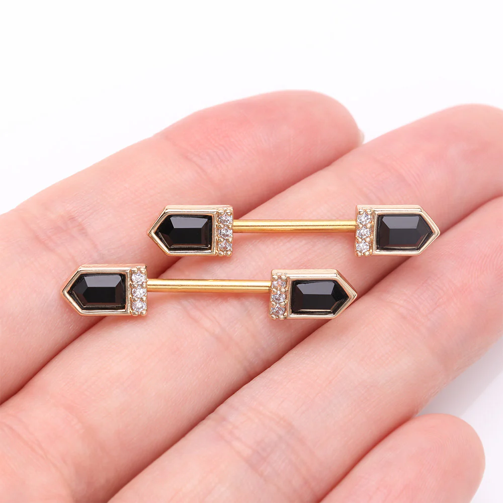 A Pair of Golden Majestic Sparkle Point Nipple Barbell - Image 3