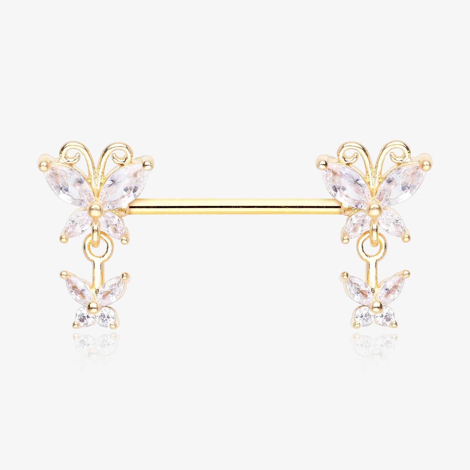 A Pair of Golden Marquise Butterfly Duo Sparkle Dangle Nipple Barbell