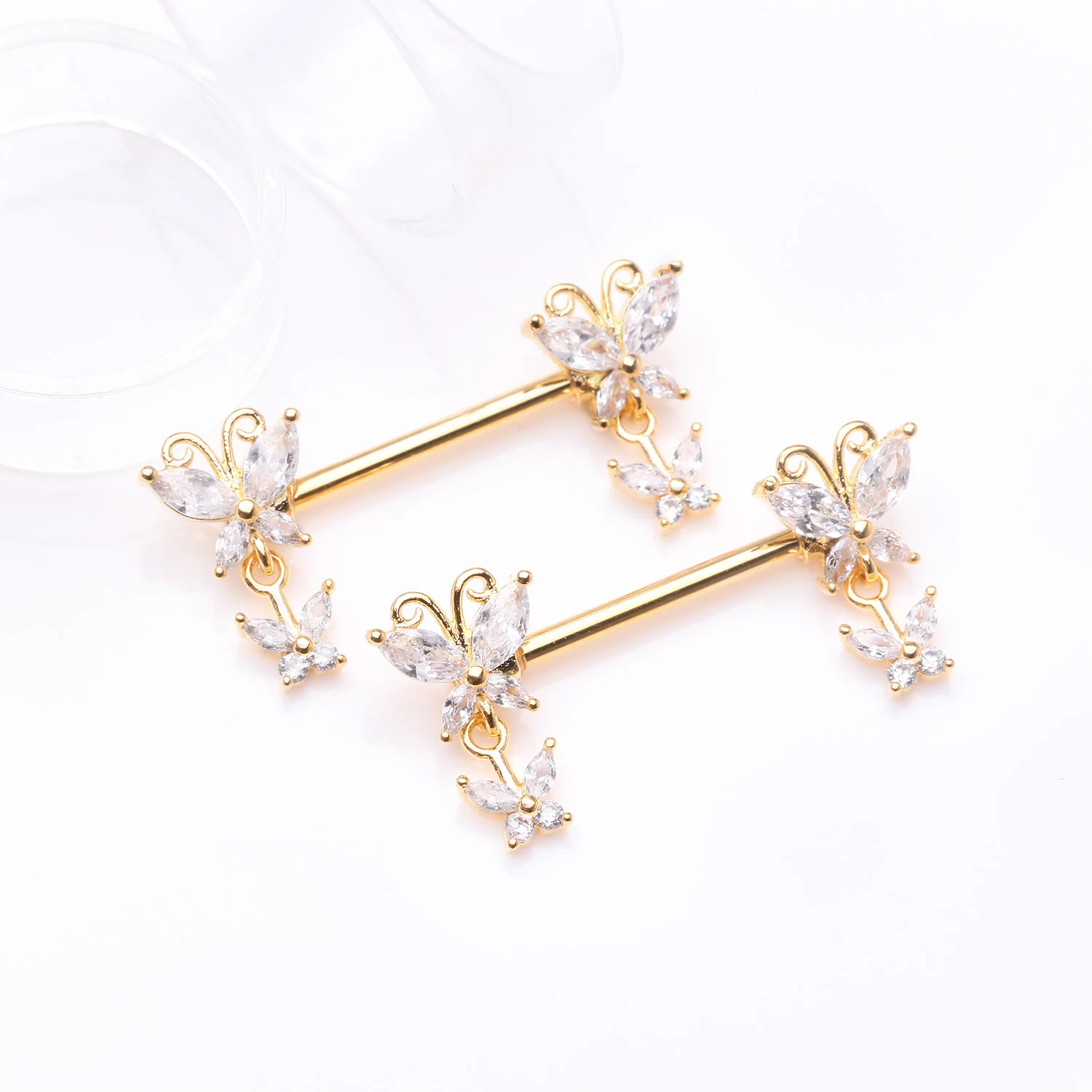 A Pair of Golden Marquise Butterfly Duo Sparkle Dangle Nipple Barbell - Image 2