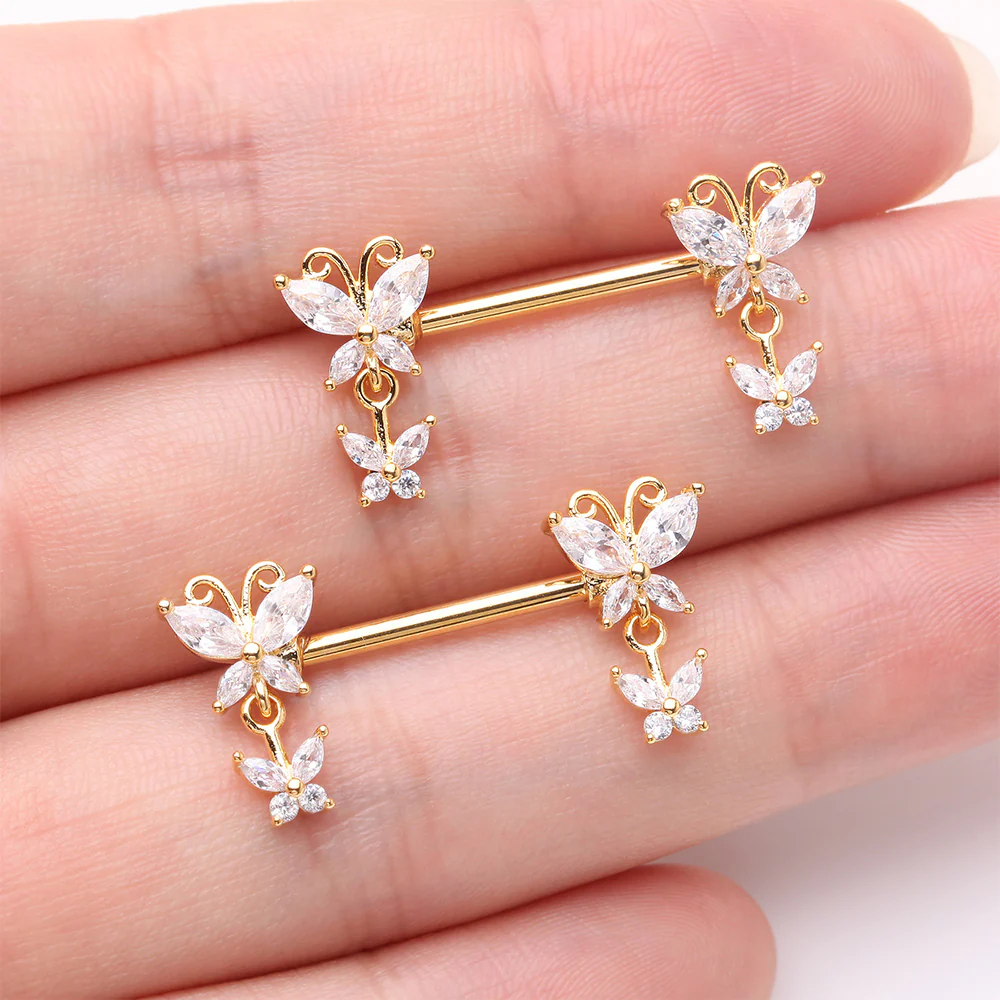 A Pair of Golden Marquise Butterfly Duo Sparkle Dangle Nipple Barbell - Image 3
