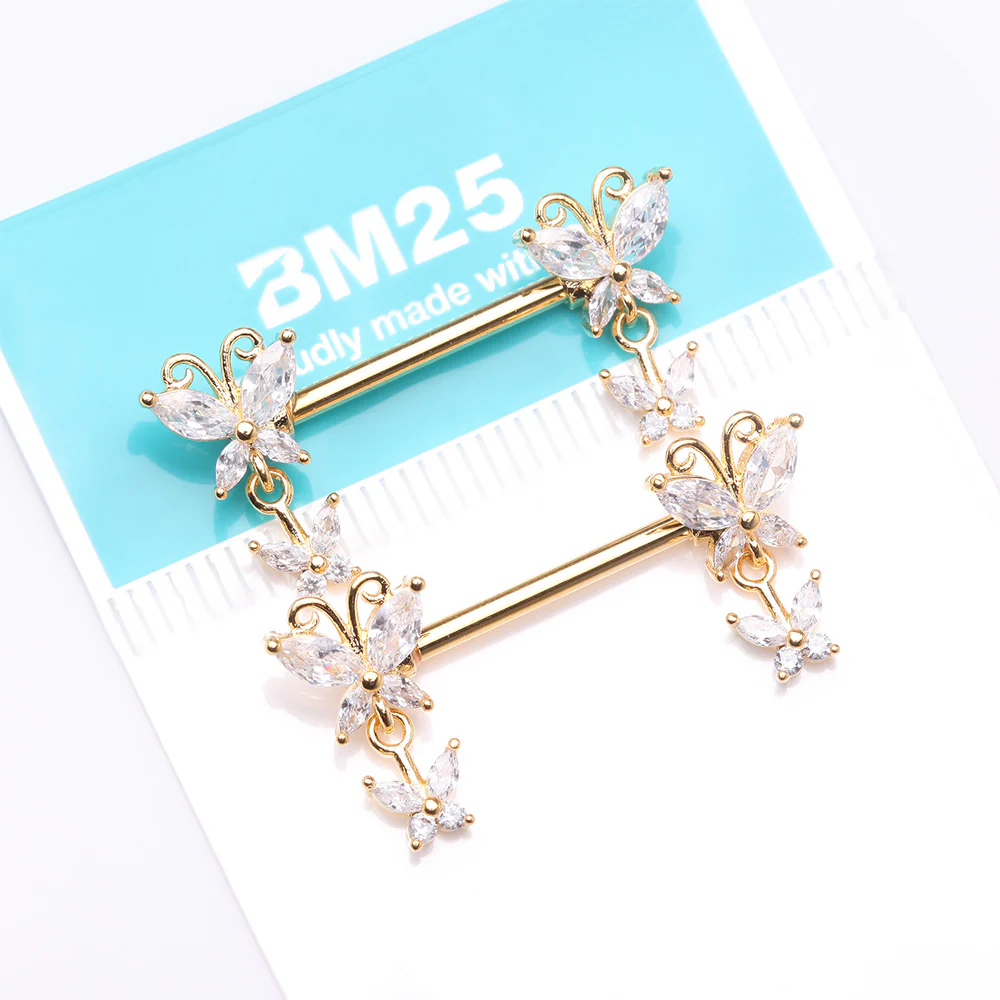 A Pair of Golden Marquise Butterfly Duo Sparkle Dangle Nipple Barbell - Image 4