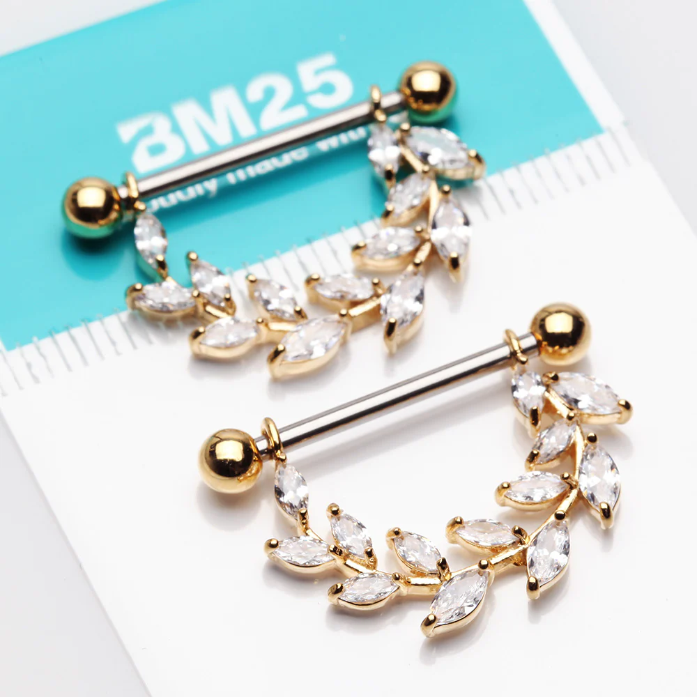 A Pair of Golden Marquise Sparkle Allure Leaves Dangle Nipple Shield - Image 3