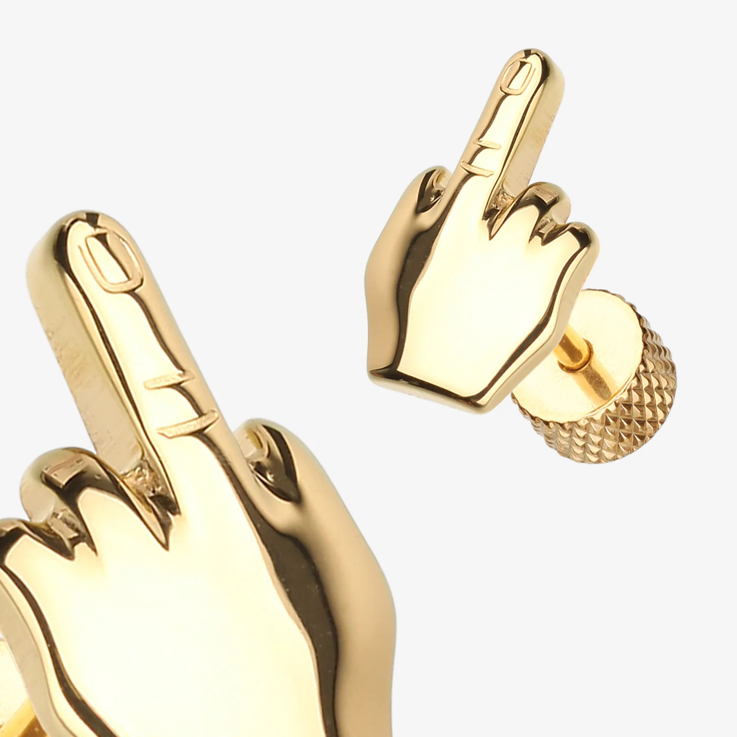 A Pair of Golden Middle FU Finger Steel Fake Plug Earring - Image 2