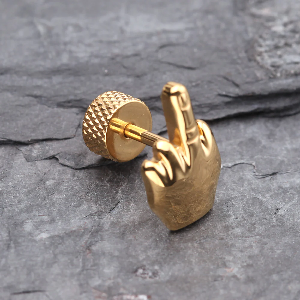 A Pair of Golden Middle FU Finger Steel Fake Plug Earring - Image 4
