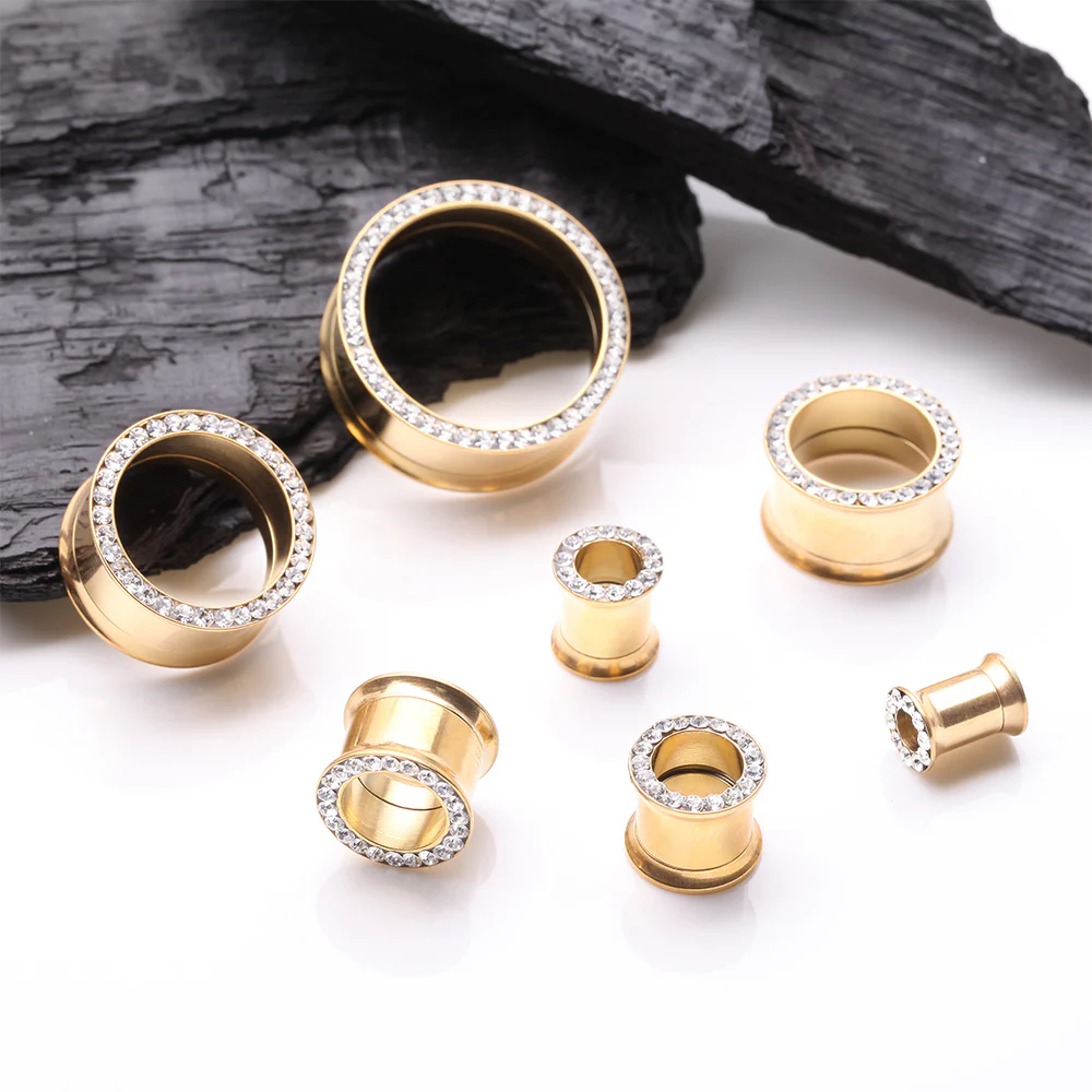 A Pair of Golden Multi-Gem Rimmed Sparkle Smooth Flared Screw-Fit Tunnel Plug - Image 3
