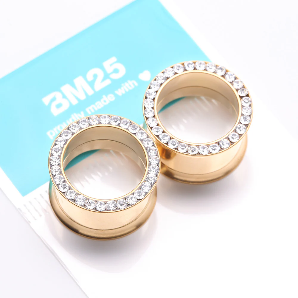 A Pair of Golden Multi-Gem Rimmed Sparkle Smooth Flared Screw-Fit Tunnel Plug - Image 4