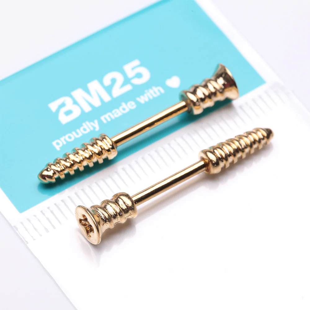 A Pair of Golden Nail Screw Bolt Steel Nipple Barbell - Image 4