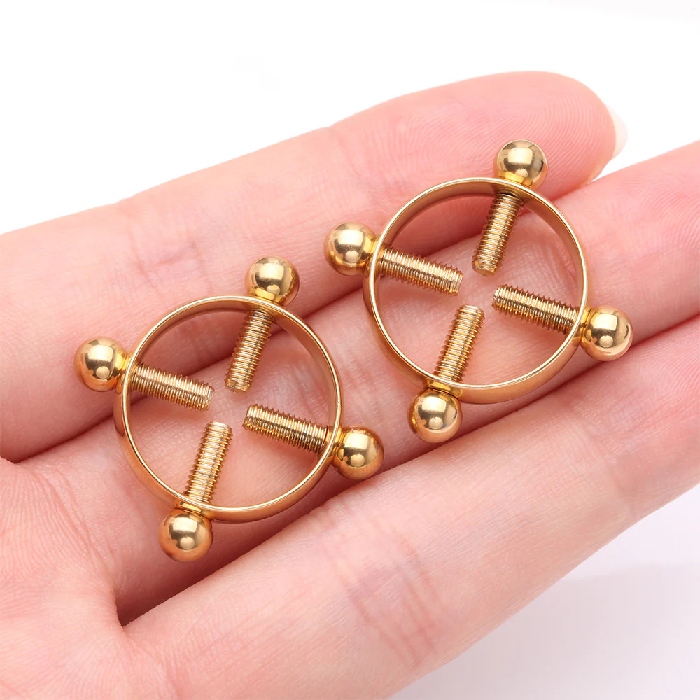A Pair of Golden Non-Piercing Adjustable Screw Clamp Nipple Ring - Image 3