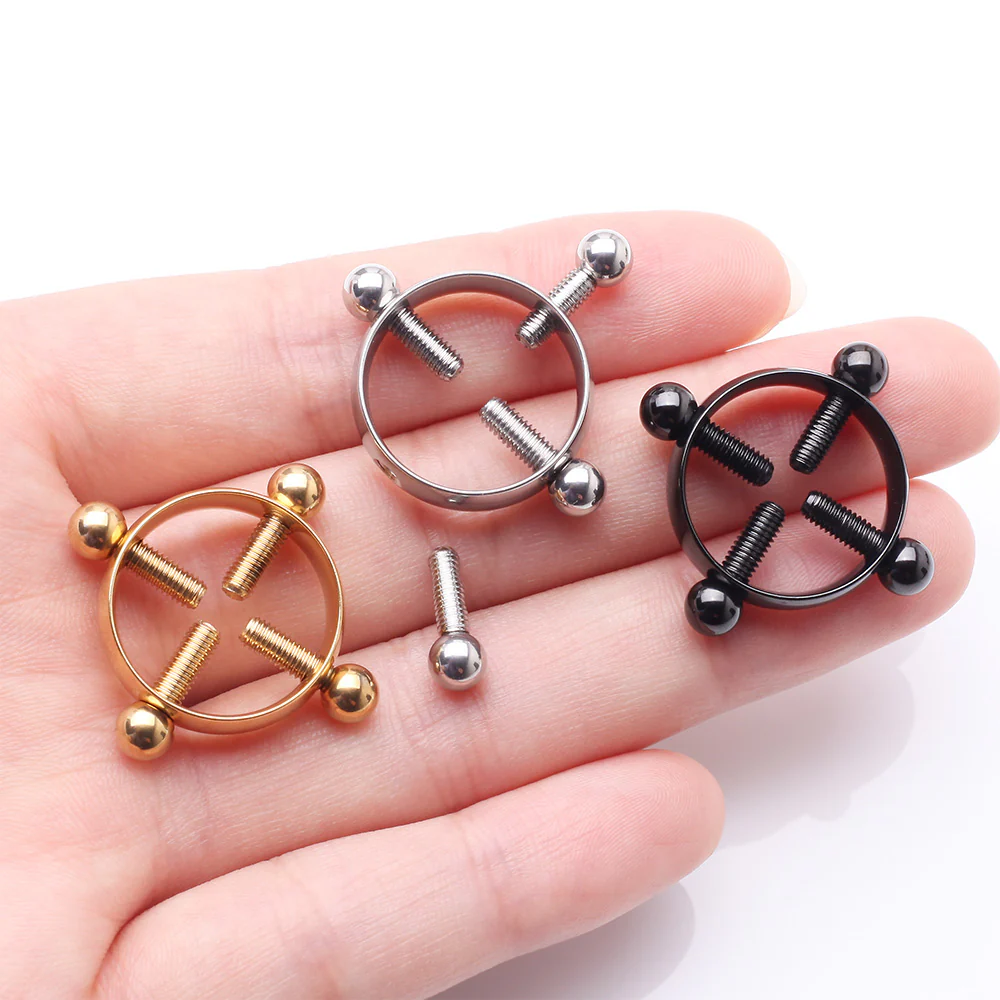 A Pair of Golden Non-Piercing Adjustable Screw Clamp Nipple Ring - Image 4