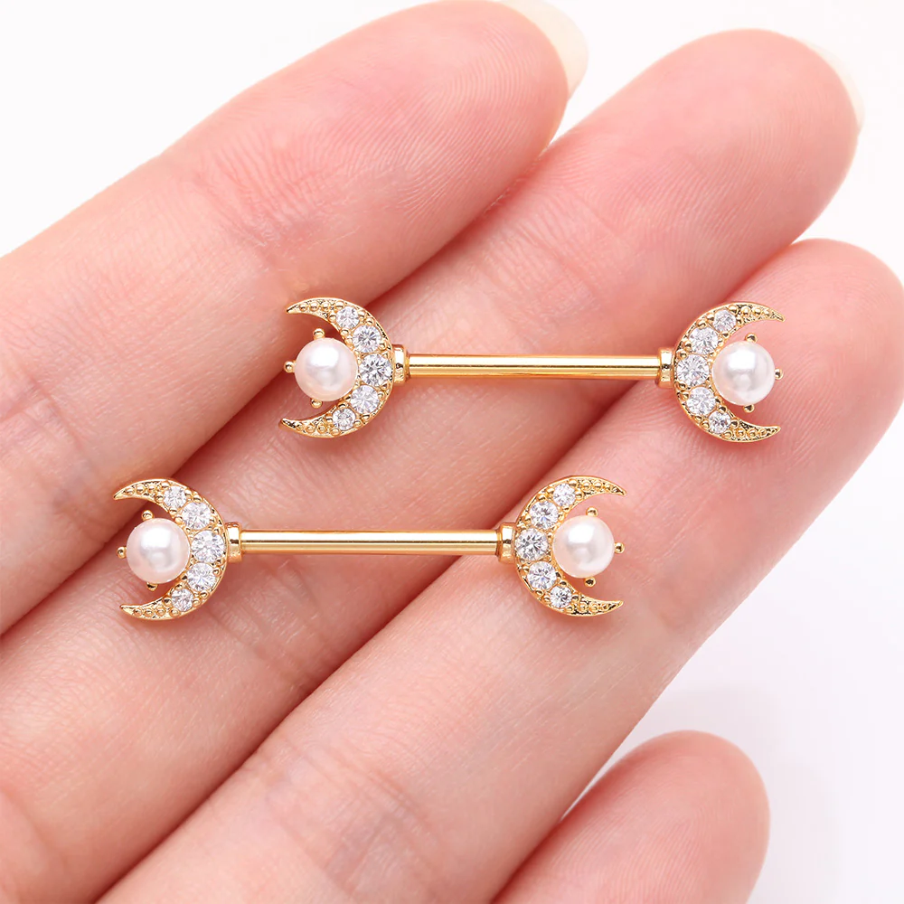 A Pair of Golden Pearlescent Crescent Moon Sparkle Nipple Barbell - Image 2