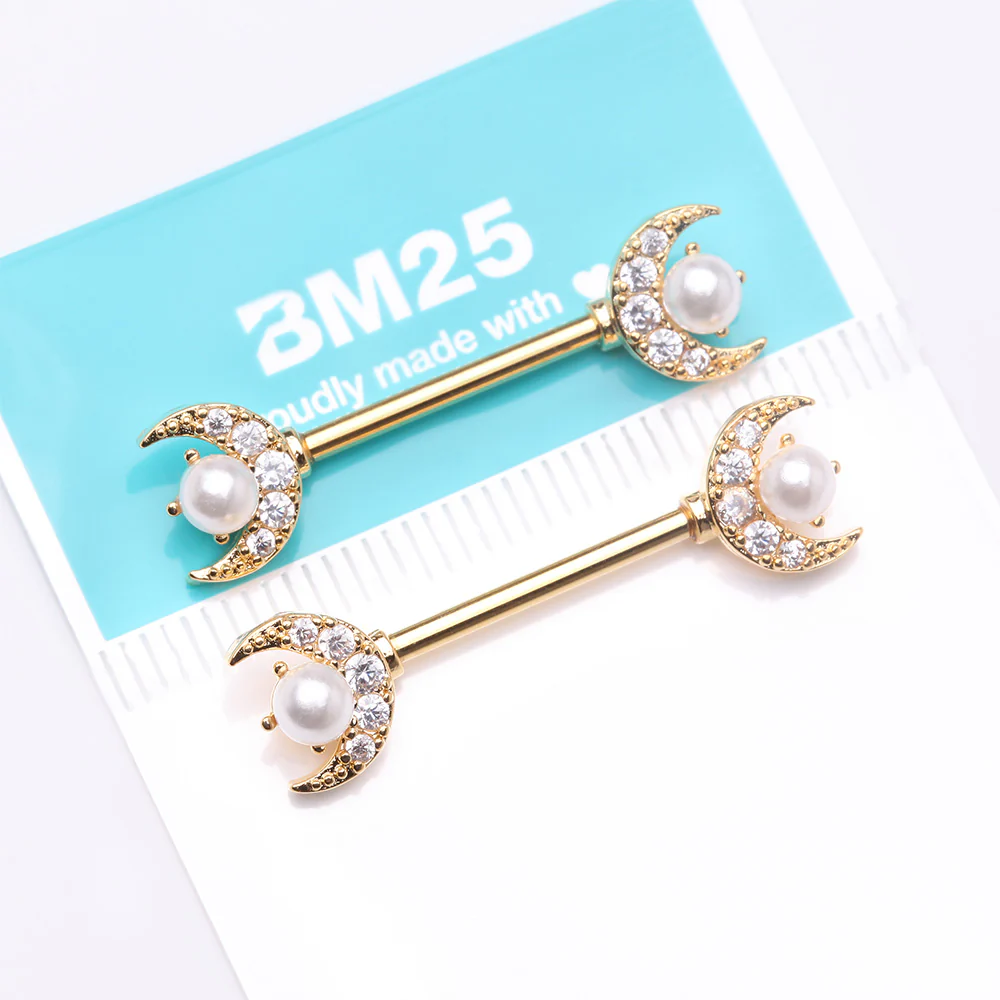 A Pair of Golden Pearlescent Crescent Moon Sparkle Nipple Barbell - Image 3