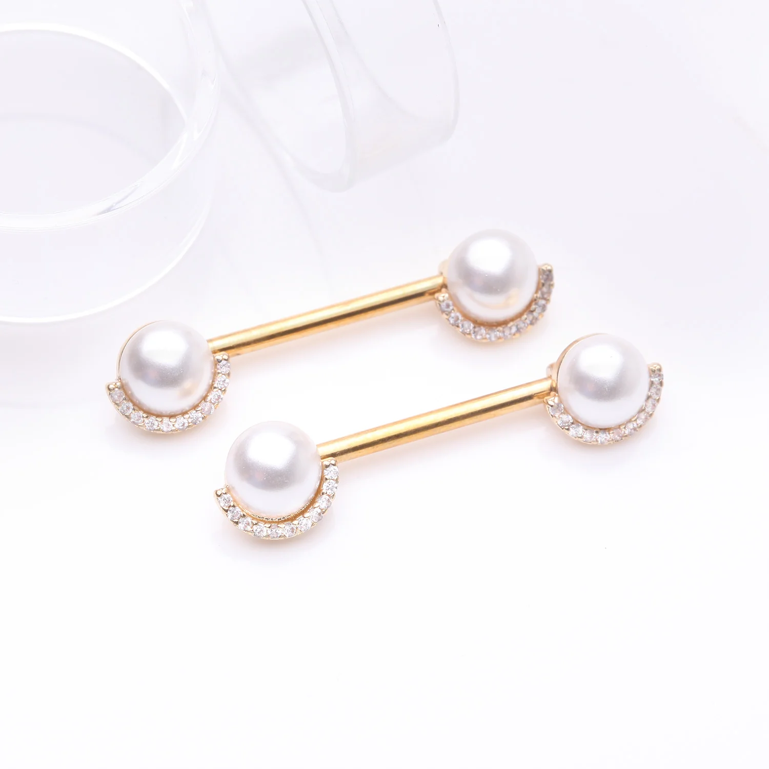 A Pair of Golden Pearlescent Sparkle Crescent Rim Nipple Barbell - Image 2