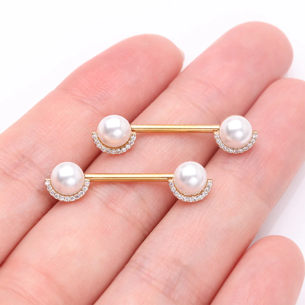 A Pair of Golden Pearlescent Sparkle Crescent Rim Nipple Barbell - Image 3
