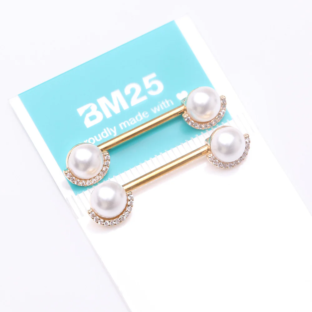 A Pair of Golden Pearlescent Sparkle Crescent Rim Nipple Barbell - Image 4