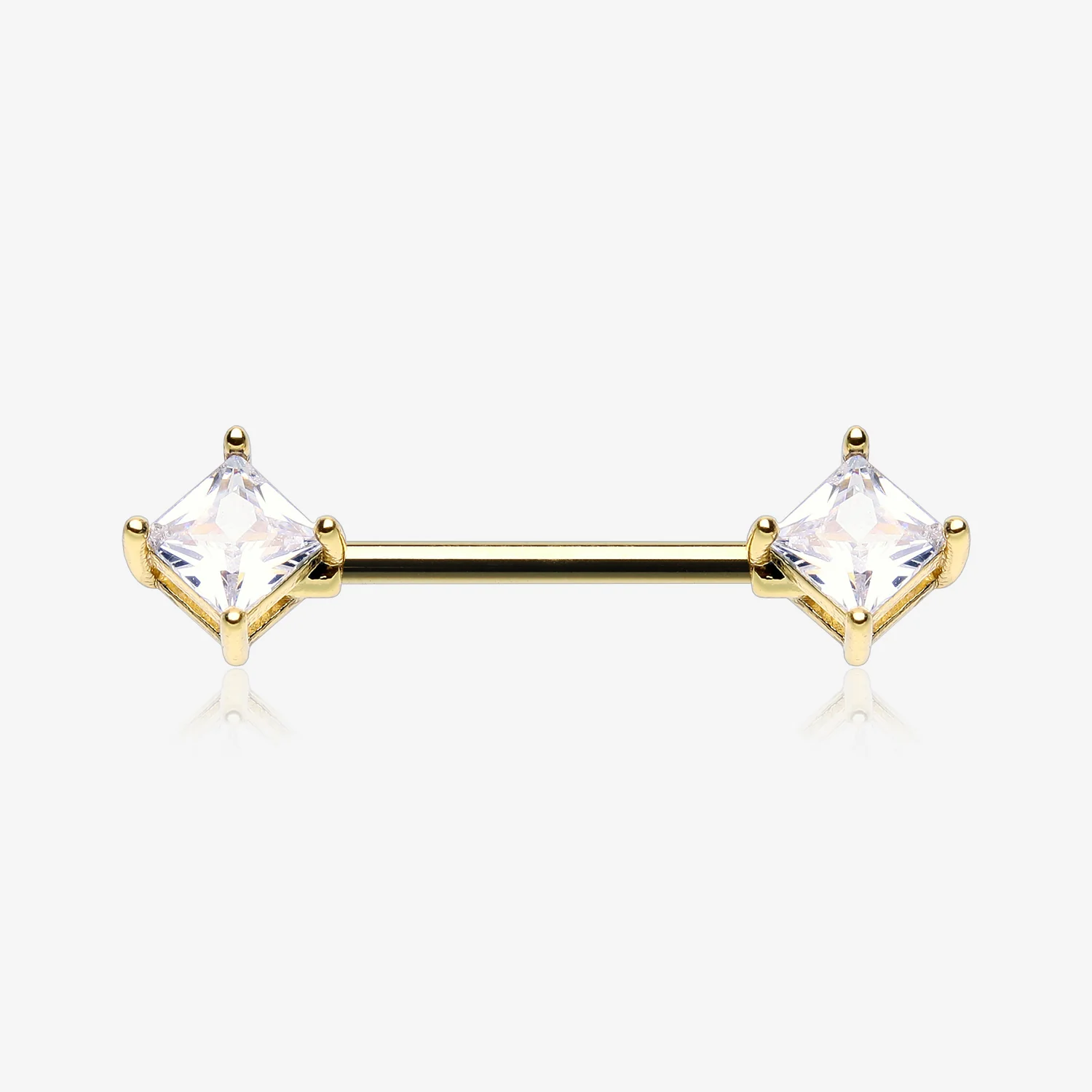 A Pair of Golden Princess Cut Square Sparkle Gem Nipple Barbell