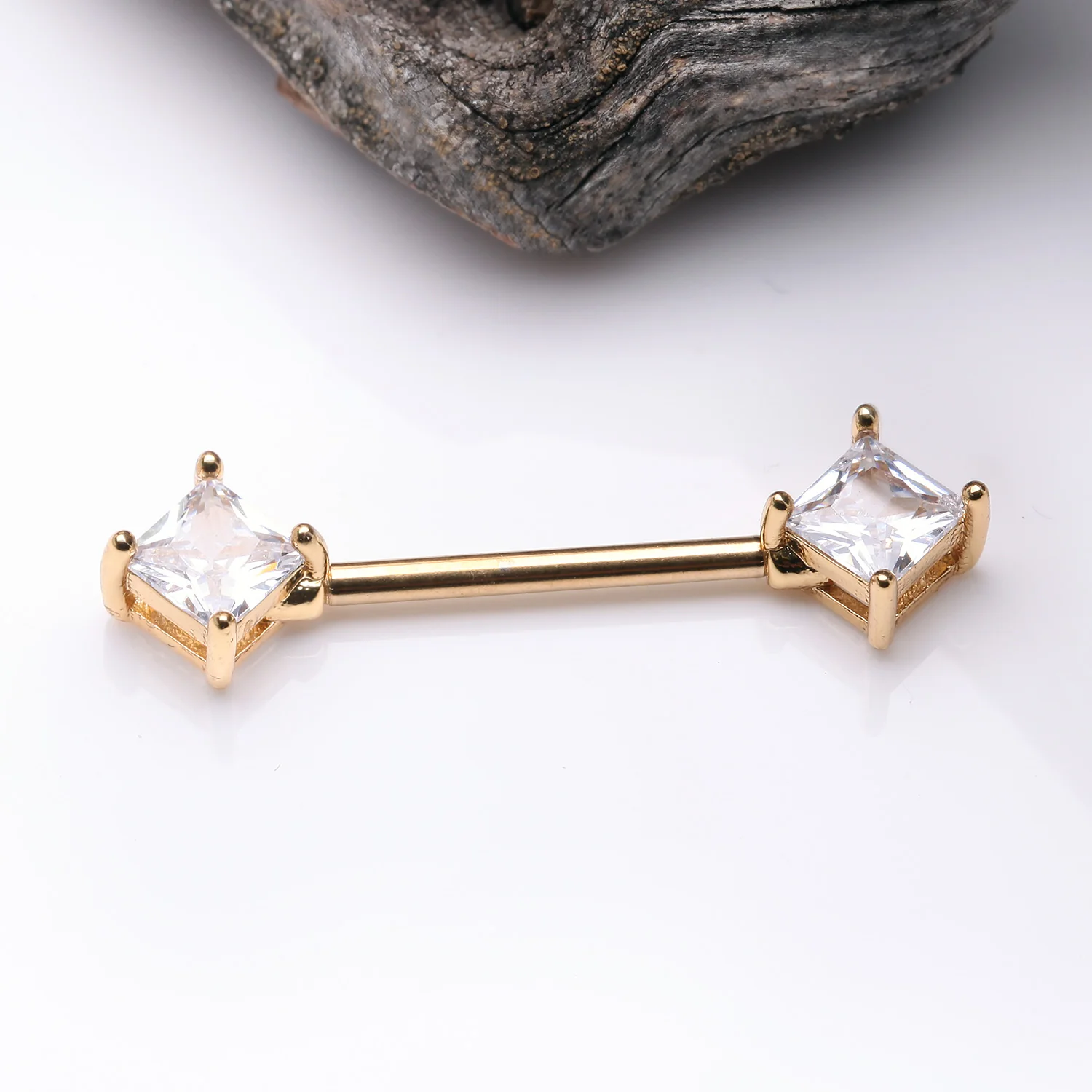 A Pair of Golden Princess Cut Square Sparkle Gem Nipple Barbell - Image 2