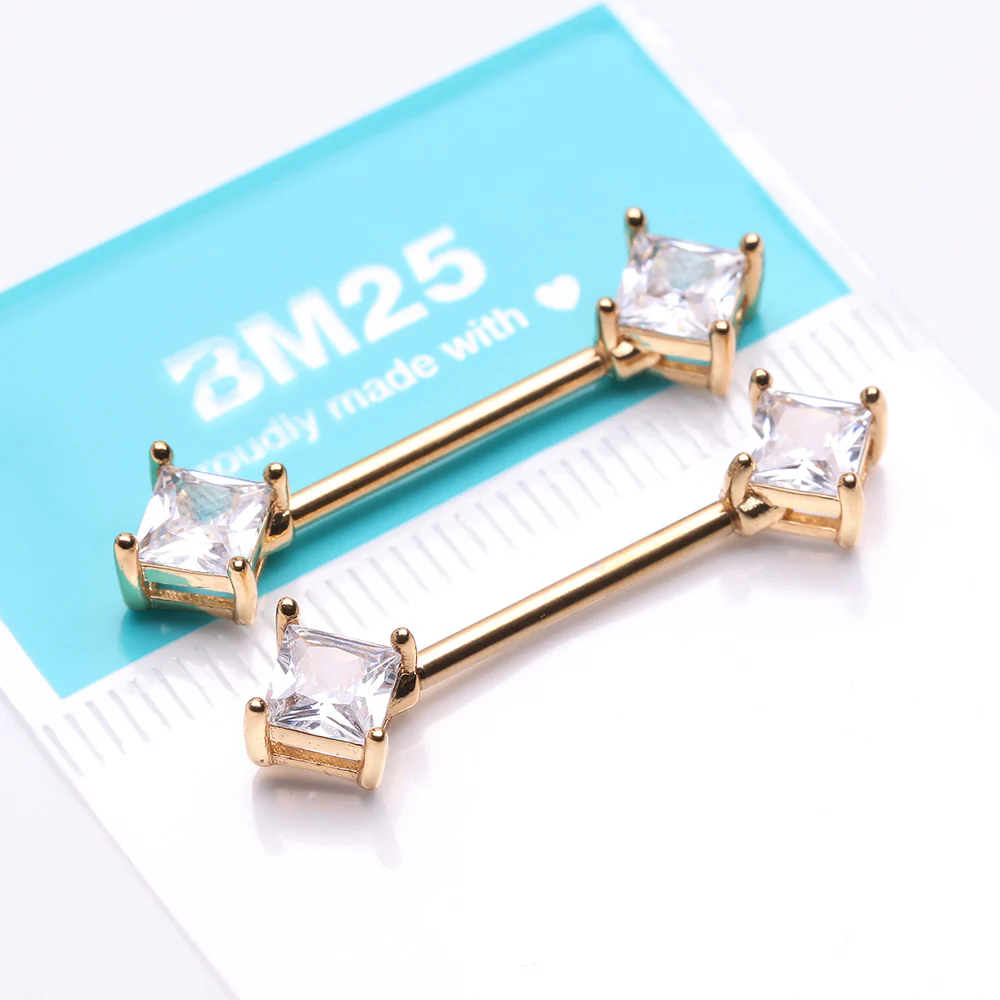 A Pair of Golden Princess Cut Square Sparkle Gem Nipple Barbell - Image 3
