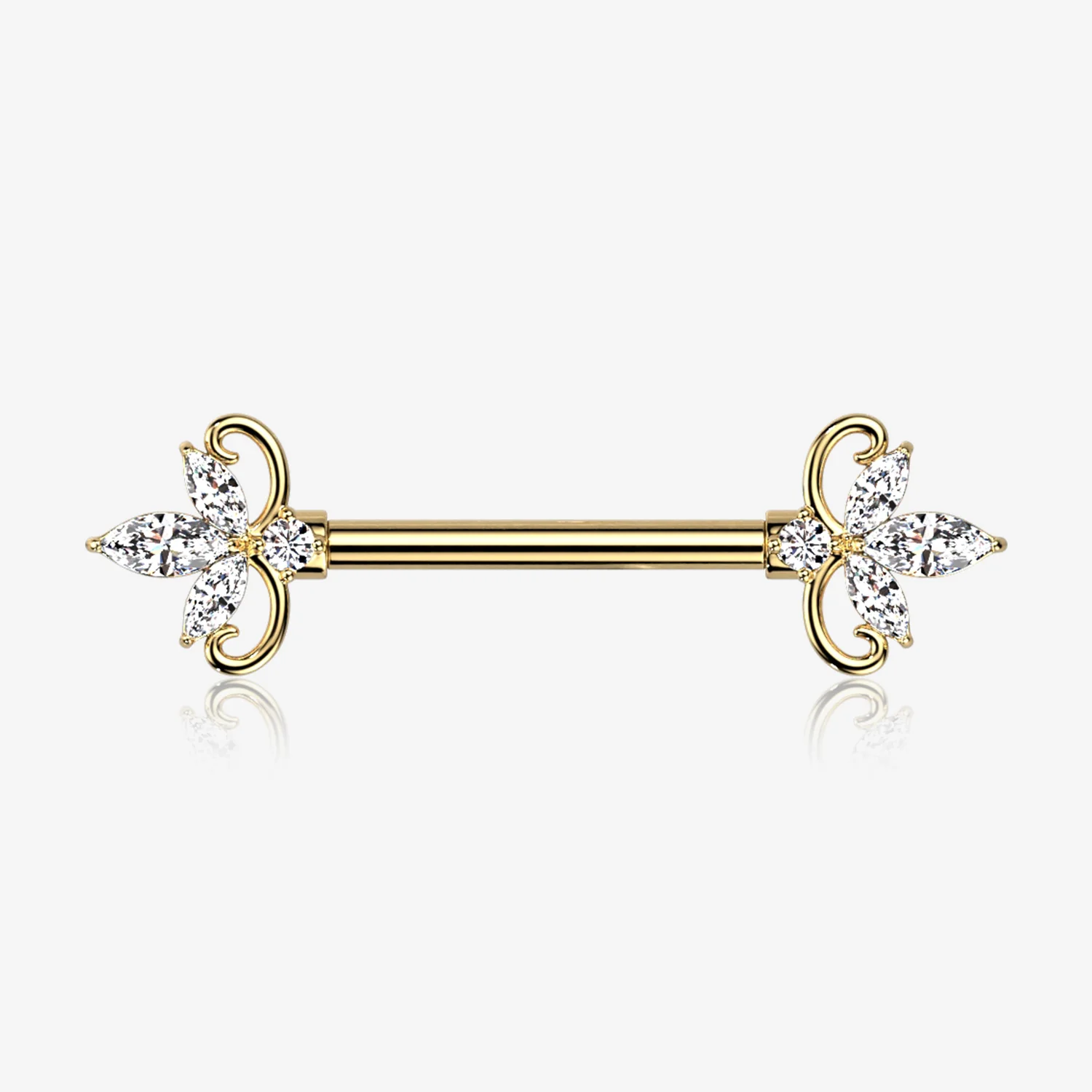A Pair of Golden Royal Floral Spear Sparkle Elegance Nipple Barbell